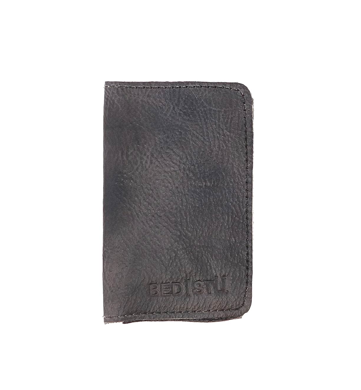 A black leather Heston wallet with the word unster on it, made by Bed Stu.