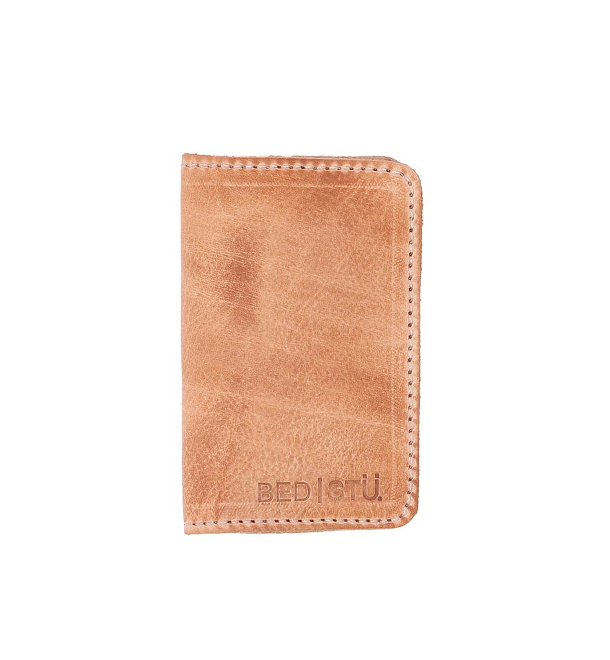 A Heston by Bed Stu tan leather card holder on a white background.