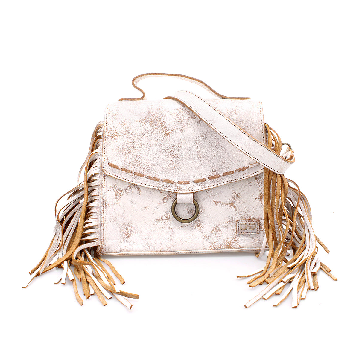 A Bed Stu Hidden white leather crossbody bag with fringes and tan handles.