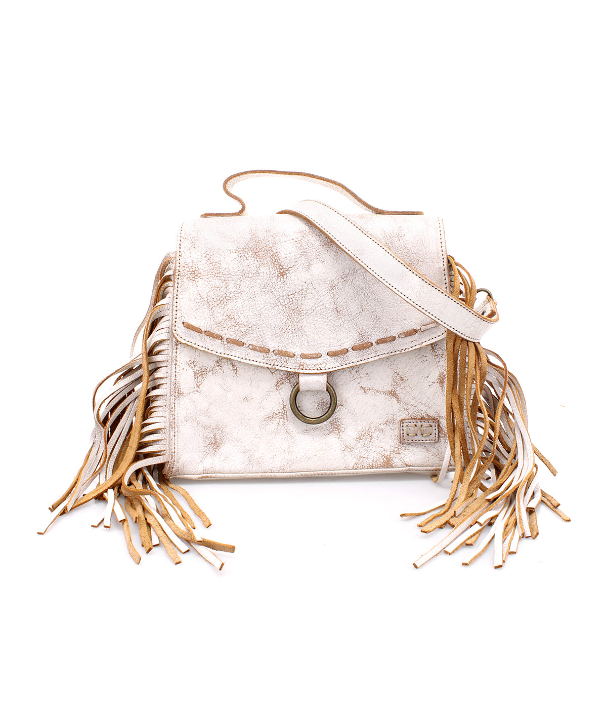 A Bed Stu Hidden white leather crossbody bag with fringes and tan handles.