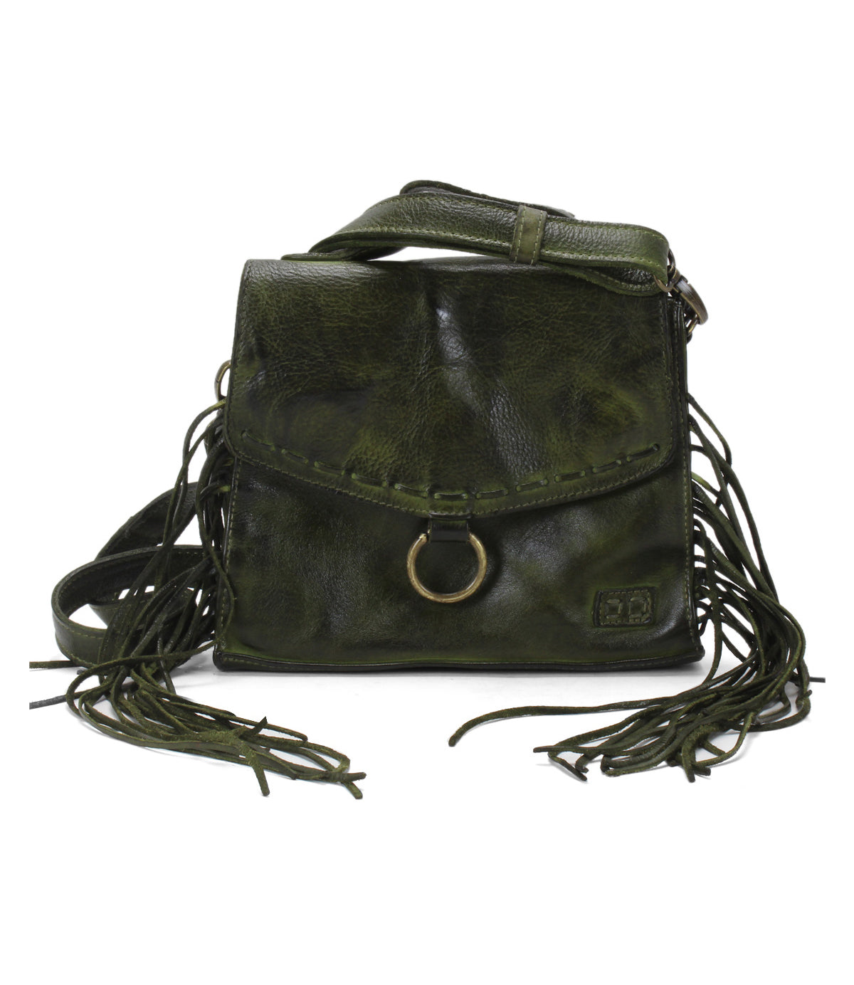 Hidden by Bed Stu- A green leather cross body bag with fringes.