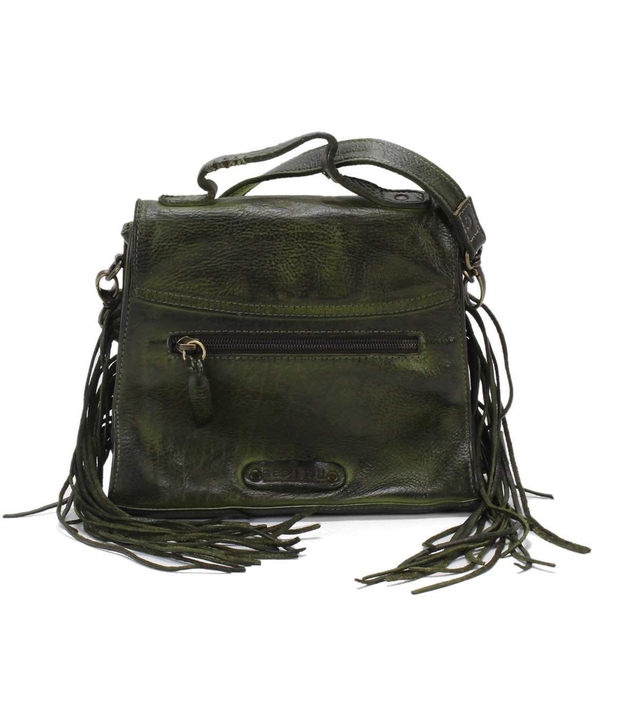 Hidden by Bed Stu- A green leather cross body bag with fringes.