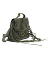 Hidden by Bed Stu- A green leather cross body bag with fringes.