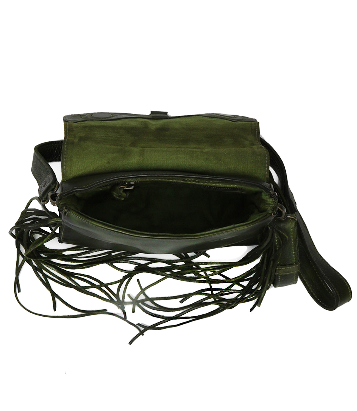 Hidden by Bed Stu- A green leather cross body bag with fringes.