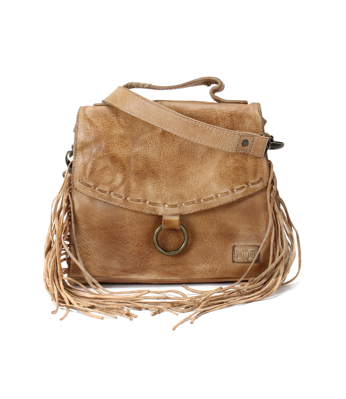 Hidden by Bed Stu: A tan leather crossbody bag with fringes.