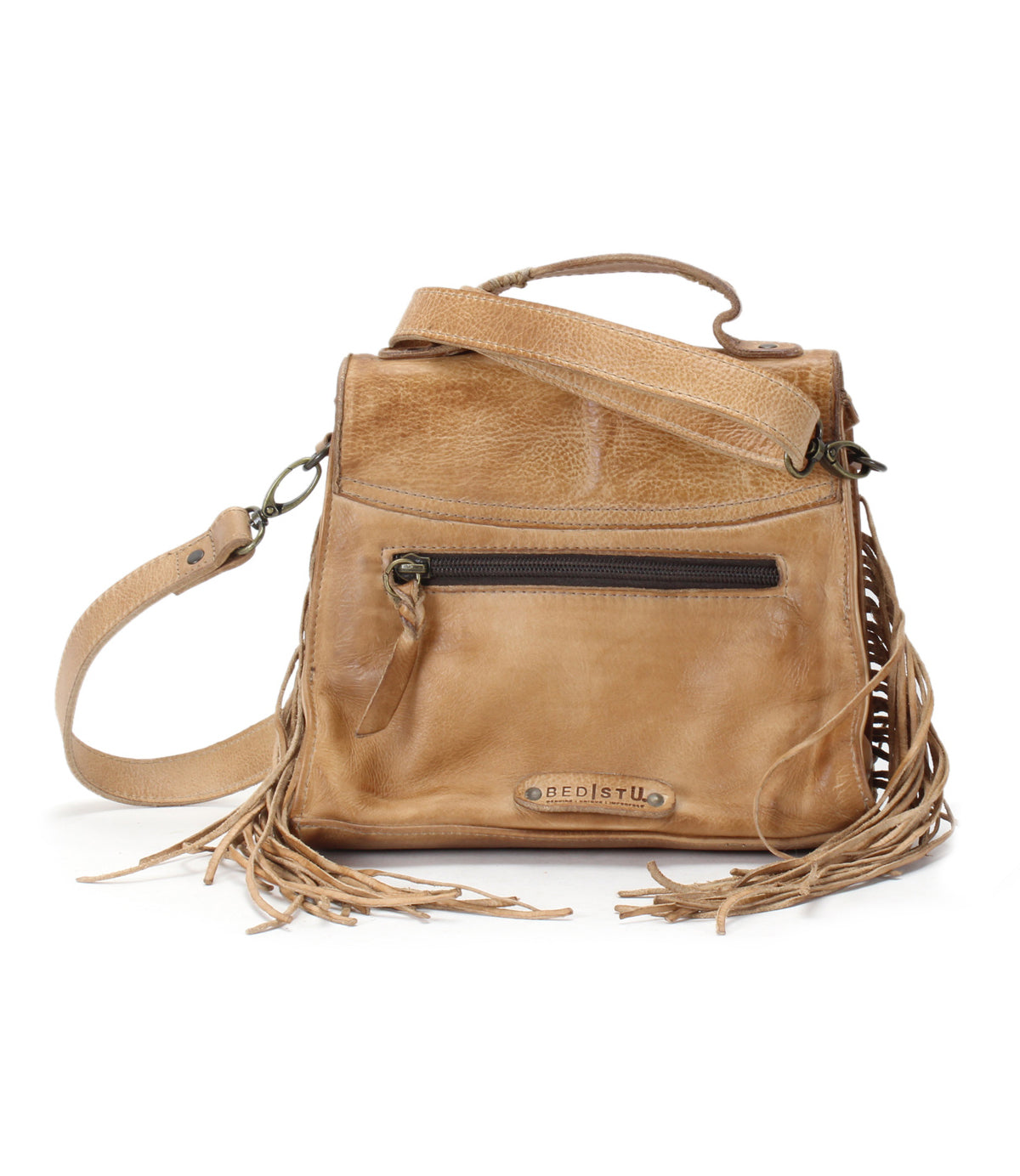 Hidden by Bed Stu: A tan leather crossbody bag with fringes.