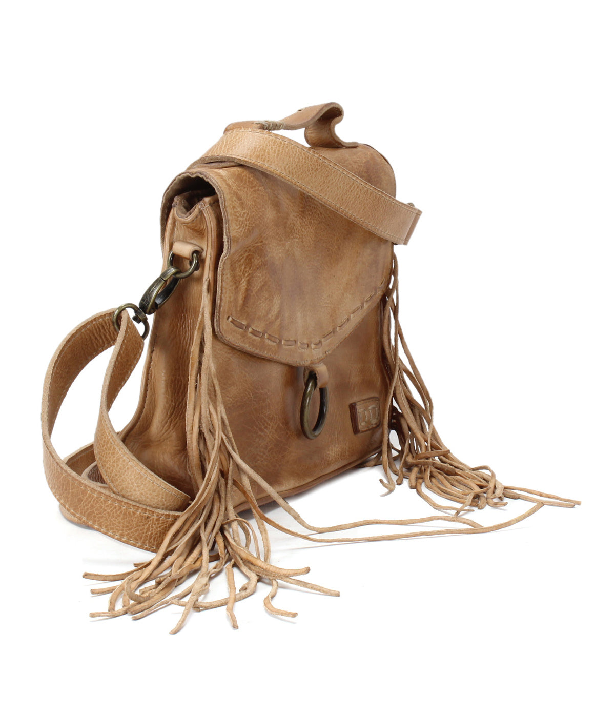 Hidden by Bed Stu: A tan leather crossbody bag with fringes.