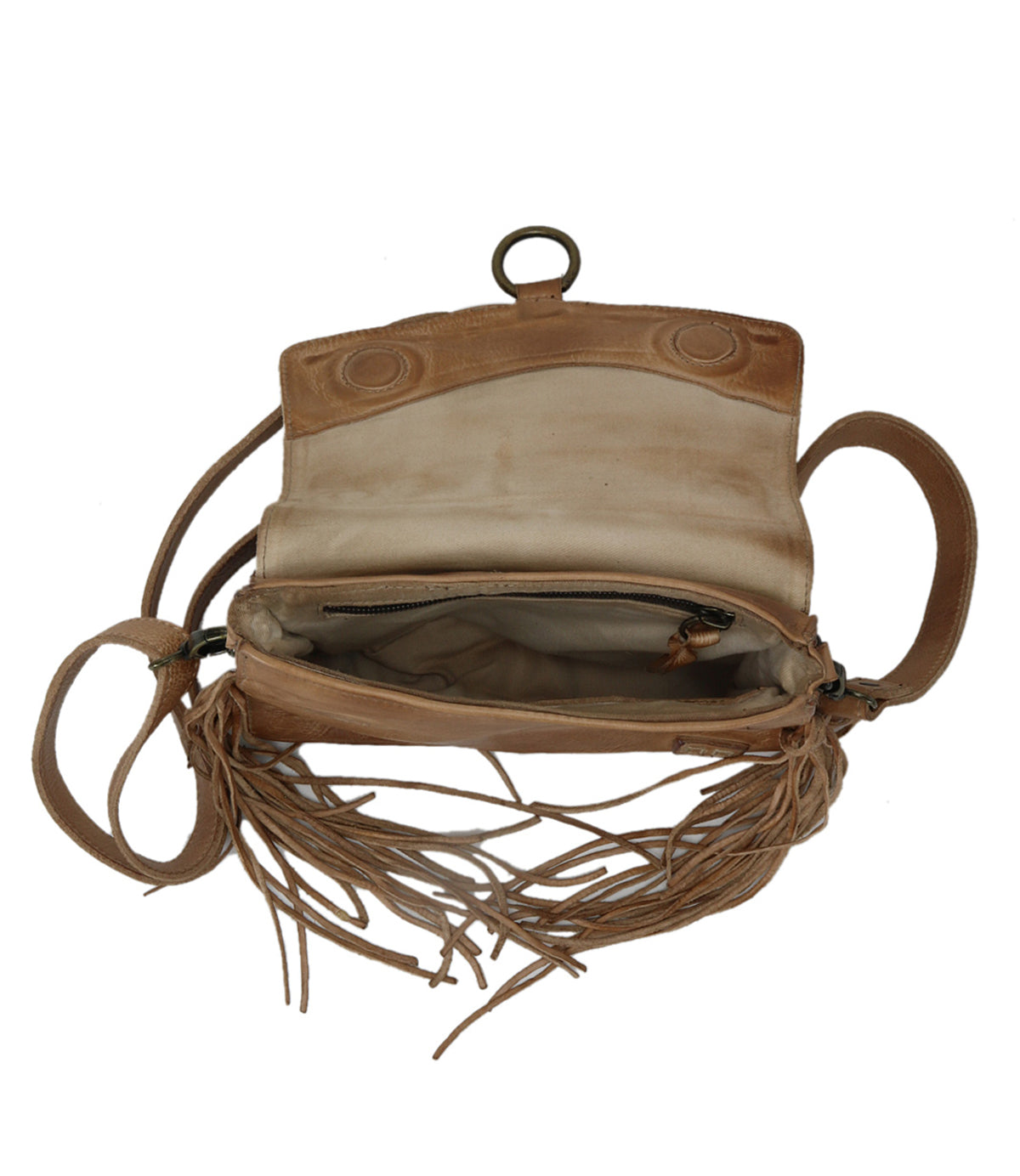 Hidden by Bed Stu: A tan leather crossbody bag with fringes.