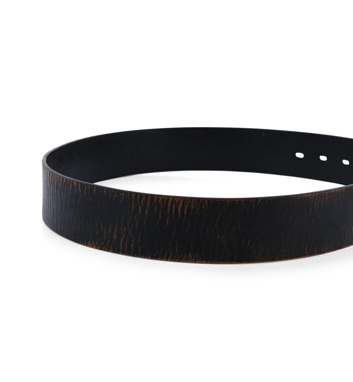 A Hobo black leather belt on a white background by Bed Stu.