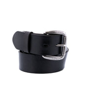 A Hobo black leather belt on a white background, by Bed Stu.