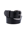 A Hobo black leather belt on a white background, by Bed Stu.