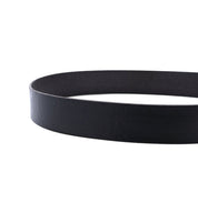 A Hobo black leather belt on a white background, made by Bed Stu.
