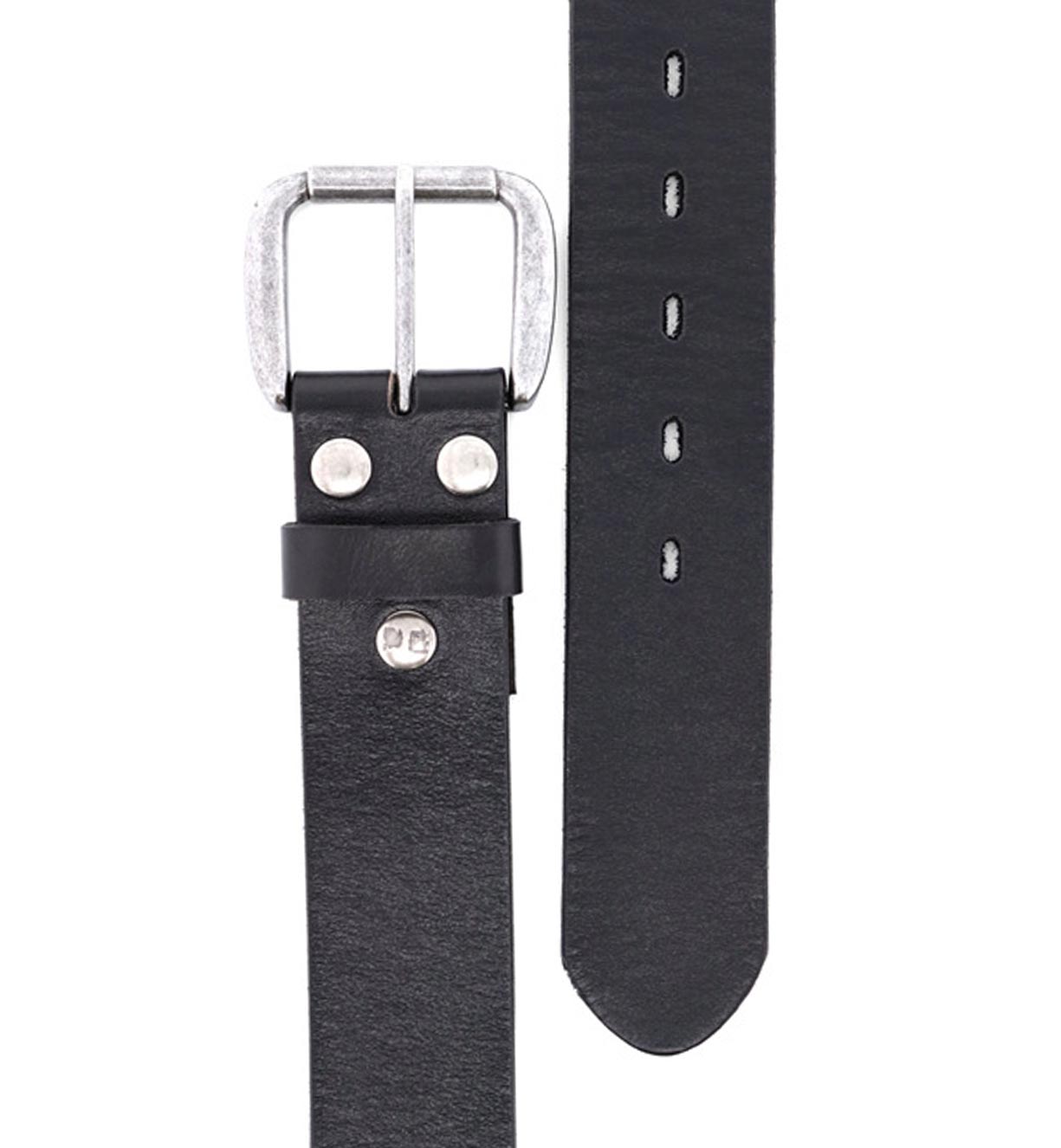 A Hobo black leather belt on a white background by Bed Stu