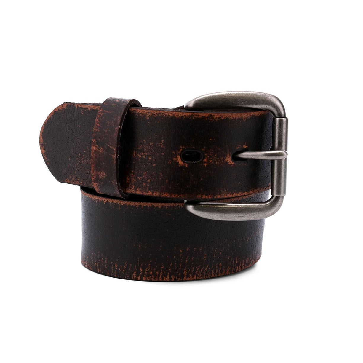 A Hobo brown leather belt on a white background by Bed Stu.