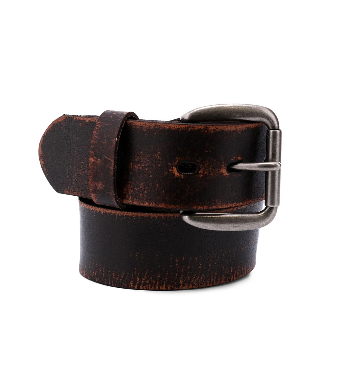 A Hobo brown leather belt on a white background by Bed Stu.