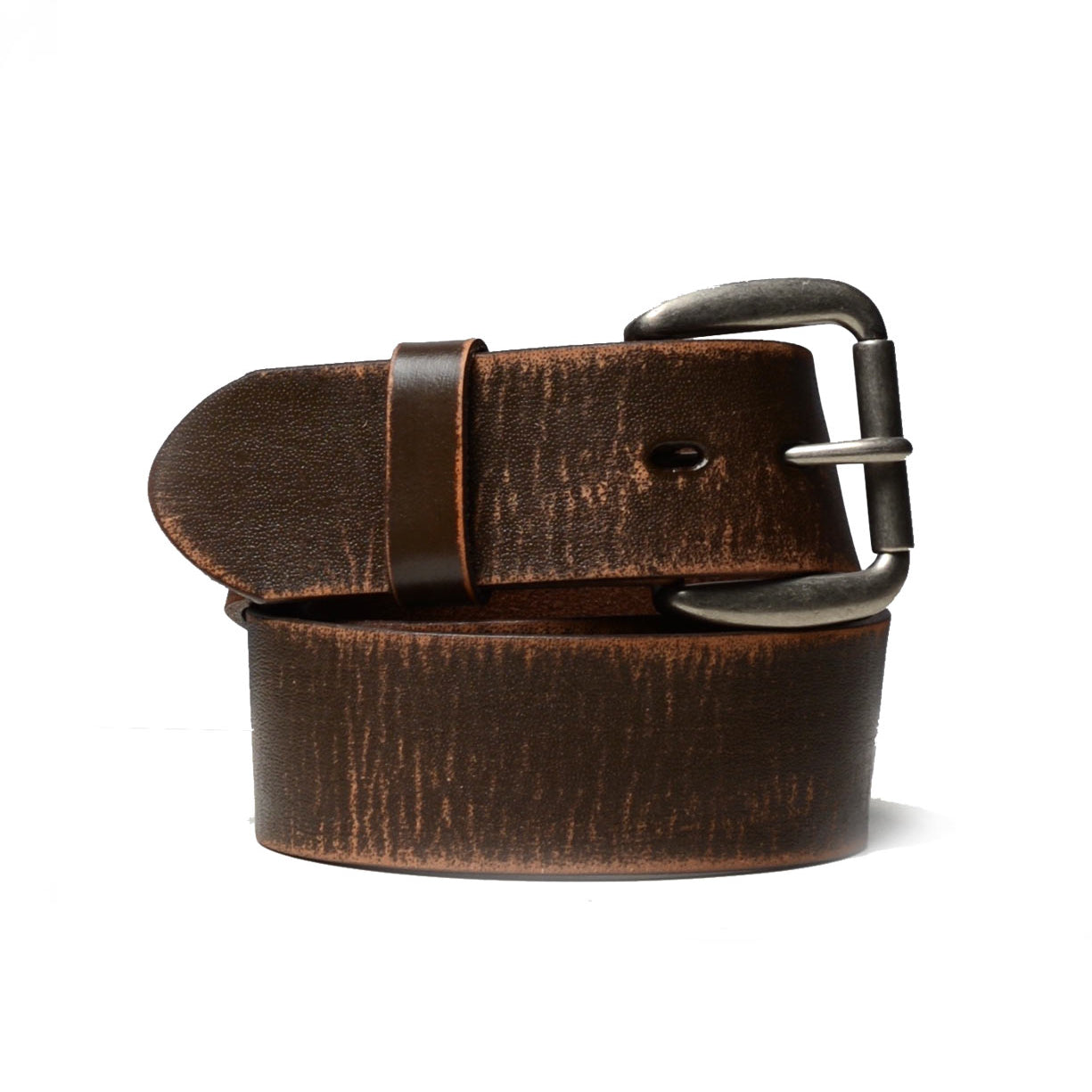 A Hobo brown leather belt on a white background by Bed Stu.