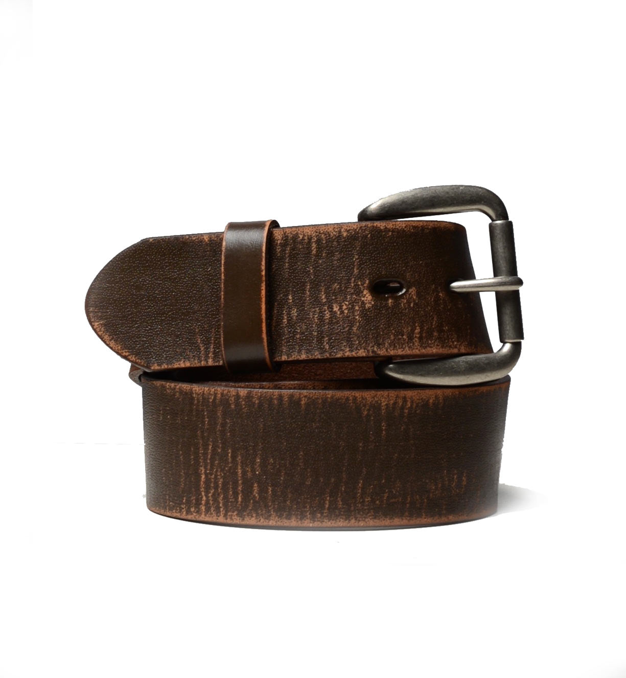 A Hobo brown leather belt on a white background by Bed Stu.