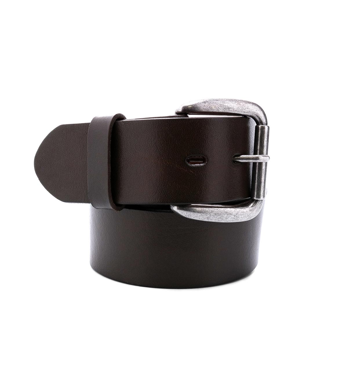 A Hobo brown leather belt on a white background, by Bed Stu.