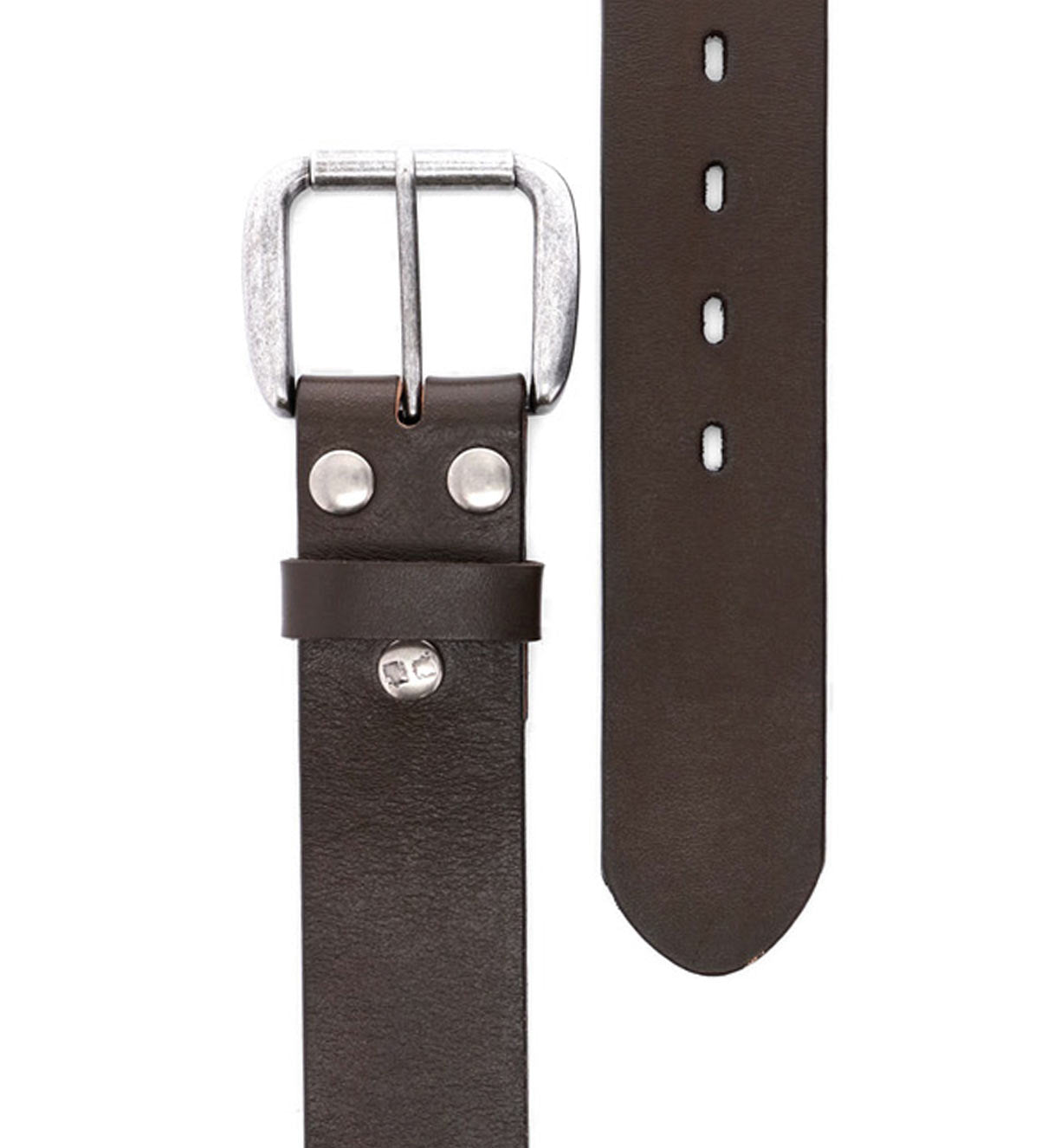 A brown leather Hobo belt with two metal buckles by Bed Stu.