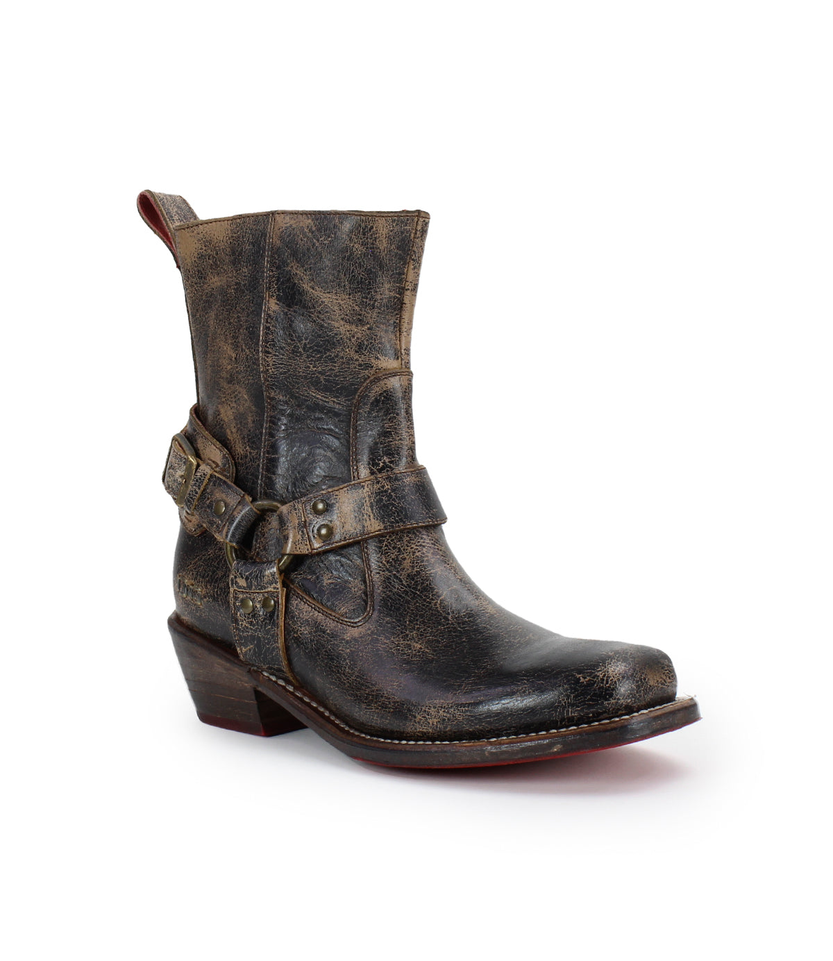 A single Homage boot by Bed|Stü, crafted from weathered brown leather with a square toe, harness strap, and low heel, displayed against a white background.