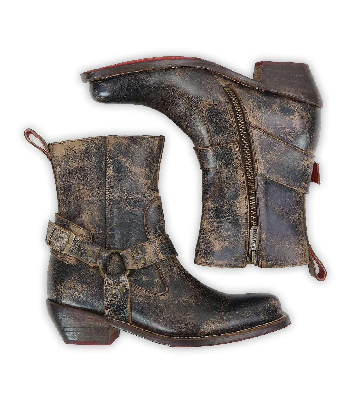 Bed|Stü “Homage” boots—distressed brown leather with square toes, side zippers, buckled harness straps, and low stacked heels—are shown from the side and sole against a white background.