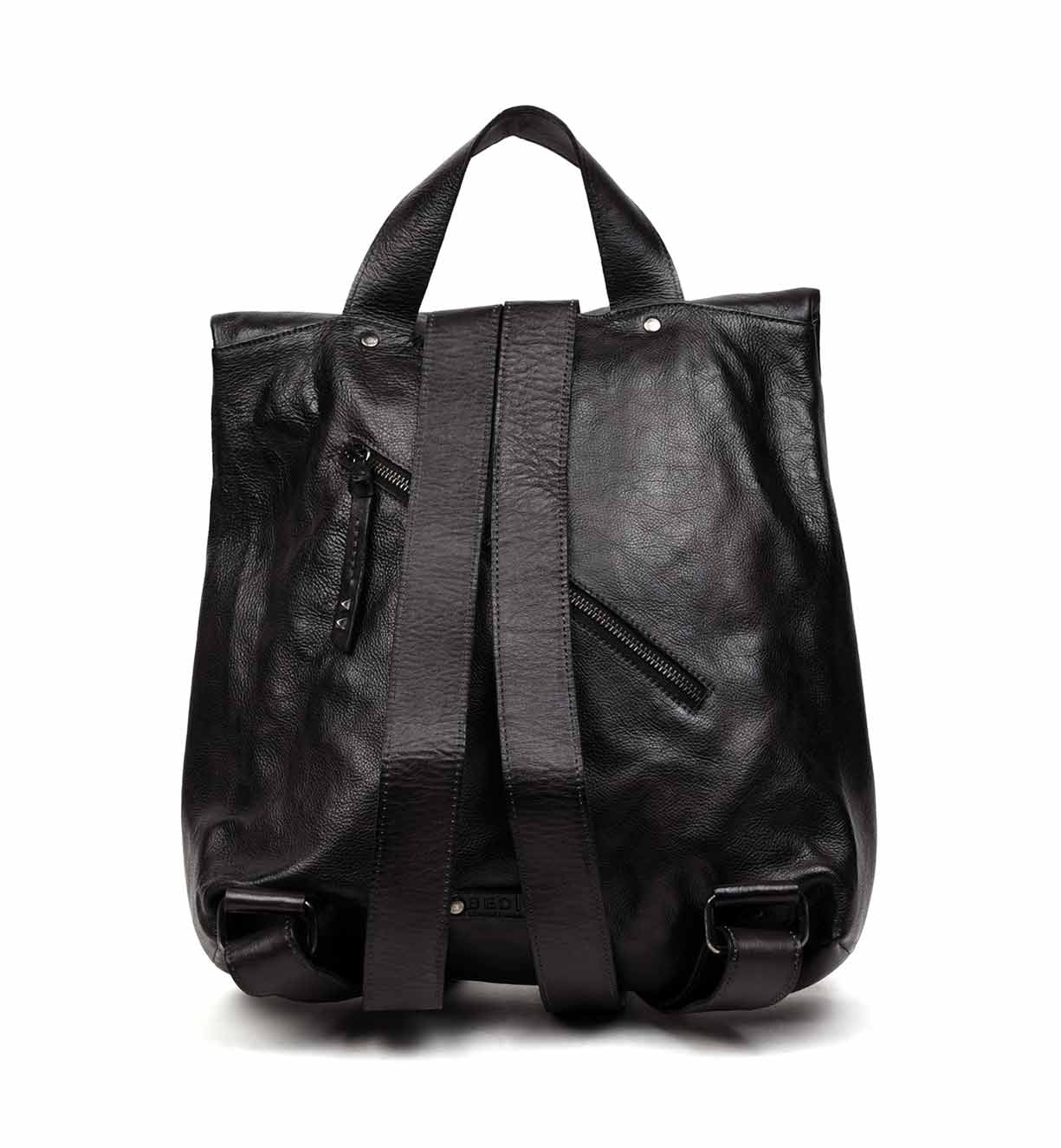 A black leather Howie backpack on a white background, made by Bed Stu.
