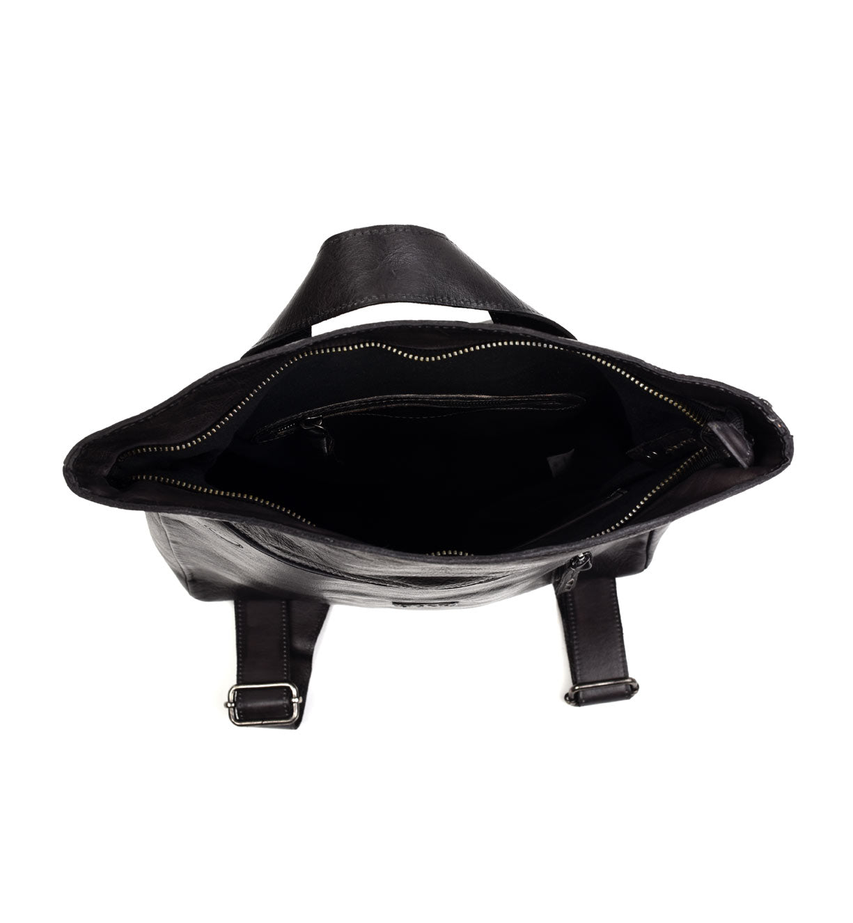 Inside the black leather Howie bag on a white background by Bed Stu.