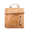 A tan Howie leather backpack with zippers and white handle by Bed Stu.