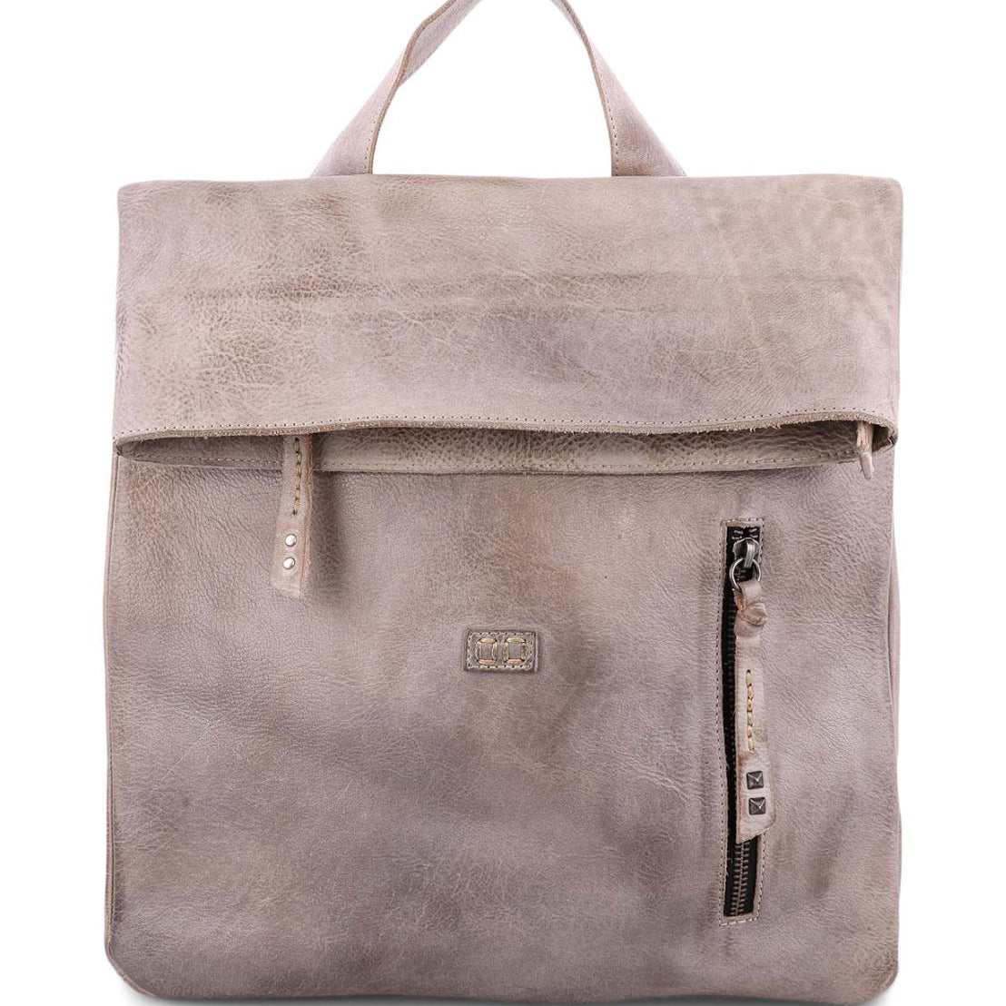 A grey leather Howie backpack with zippers and a zippered pocket by Bed Stu.