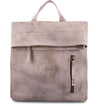 A grey leather Howie backpack with zippers and a zippered pocket by Bed Stu.
