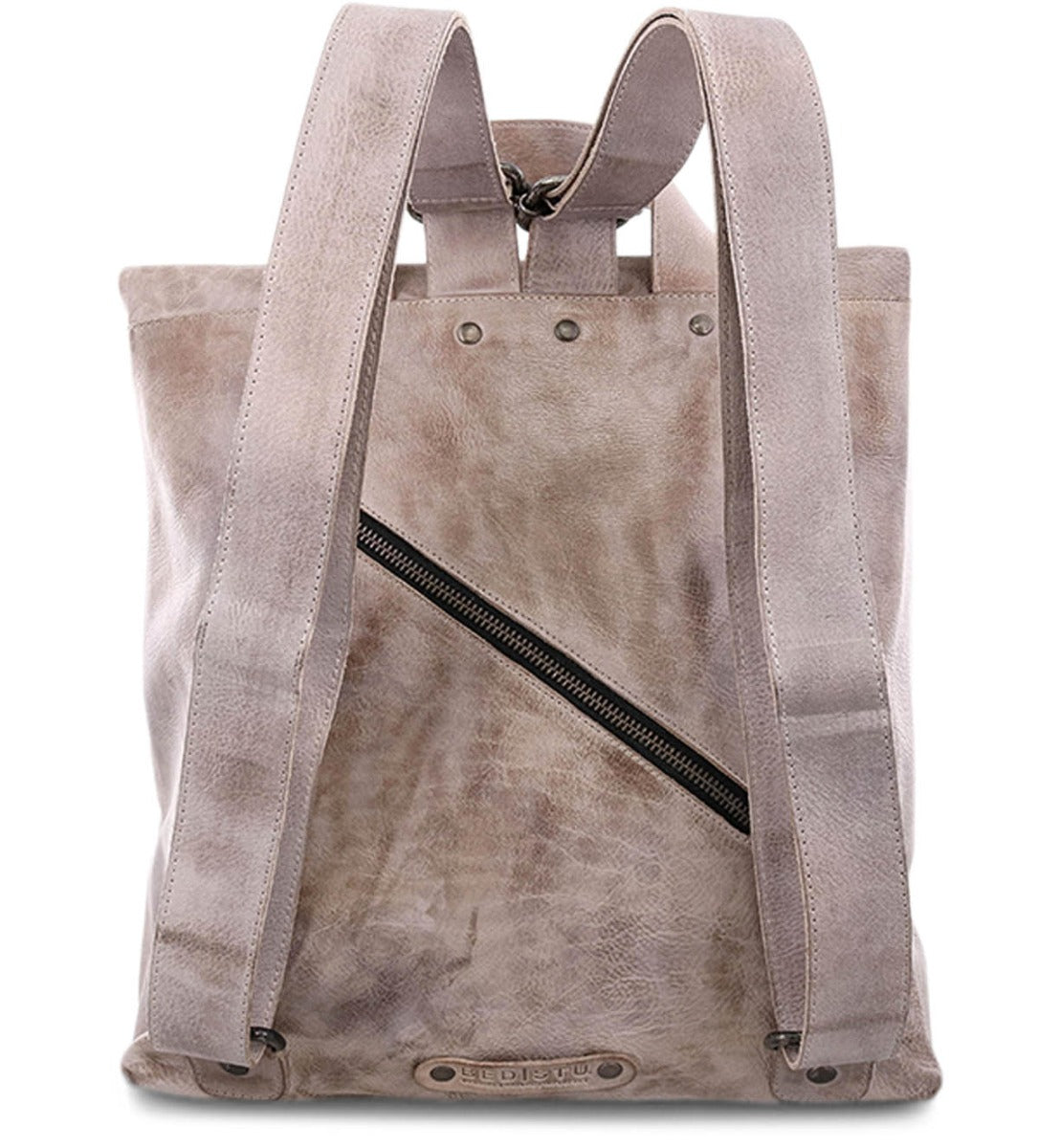 A grey leather Howie backpack with zippers on the side. Brand: Bed Stu.