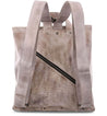 A grey leather Howie backpack with zippers on the side. Brand: Bed Stu.