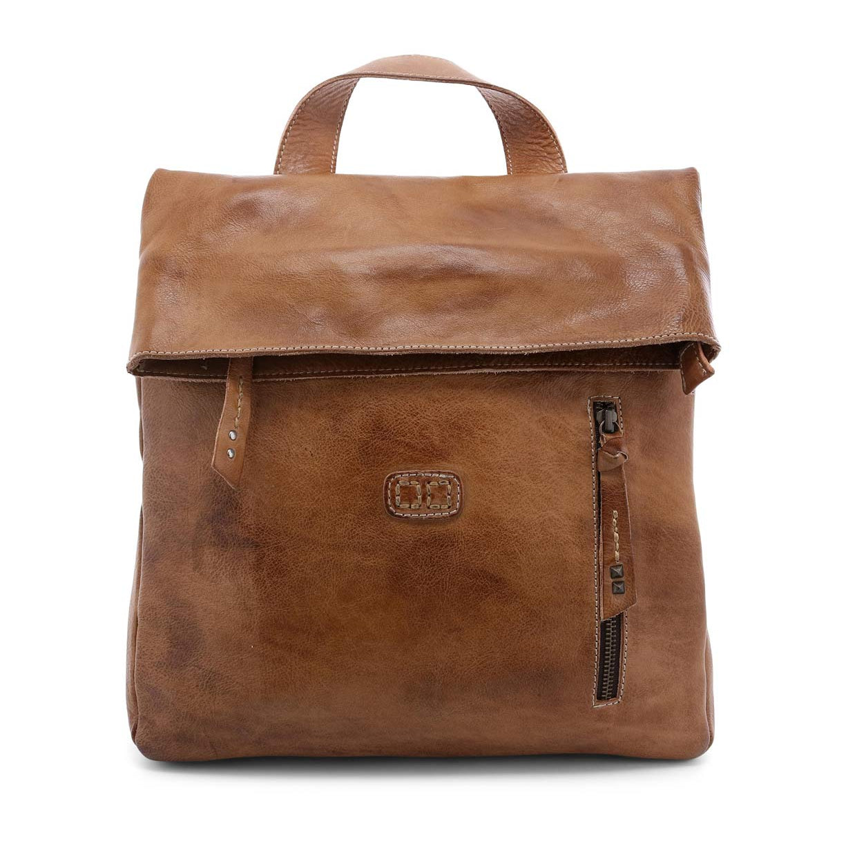 A brown leather Howie backpack with a zippered closure by Bed Stu.