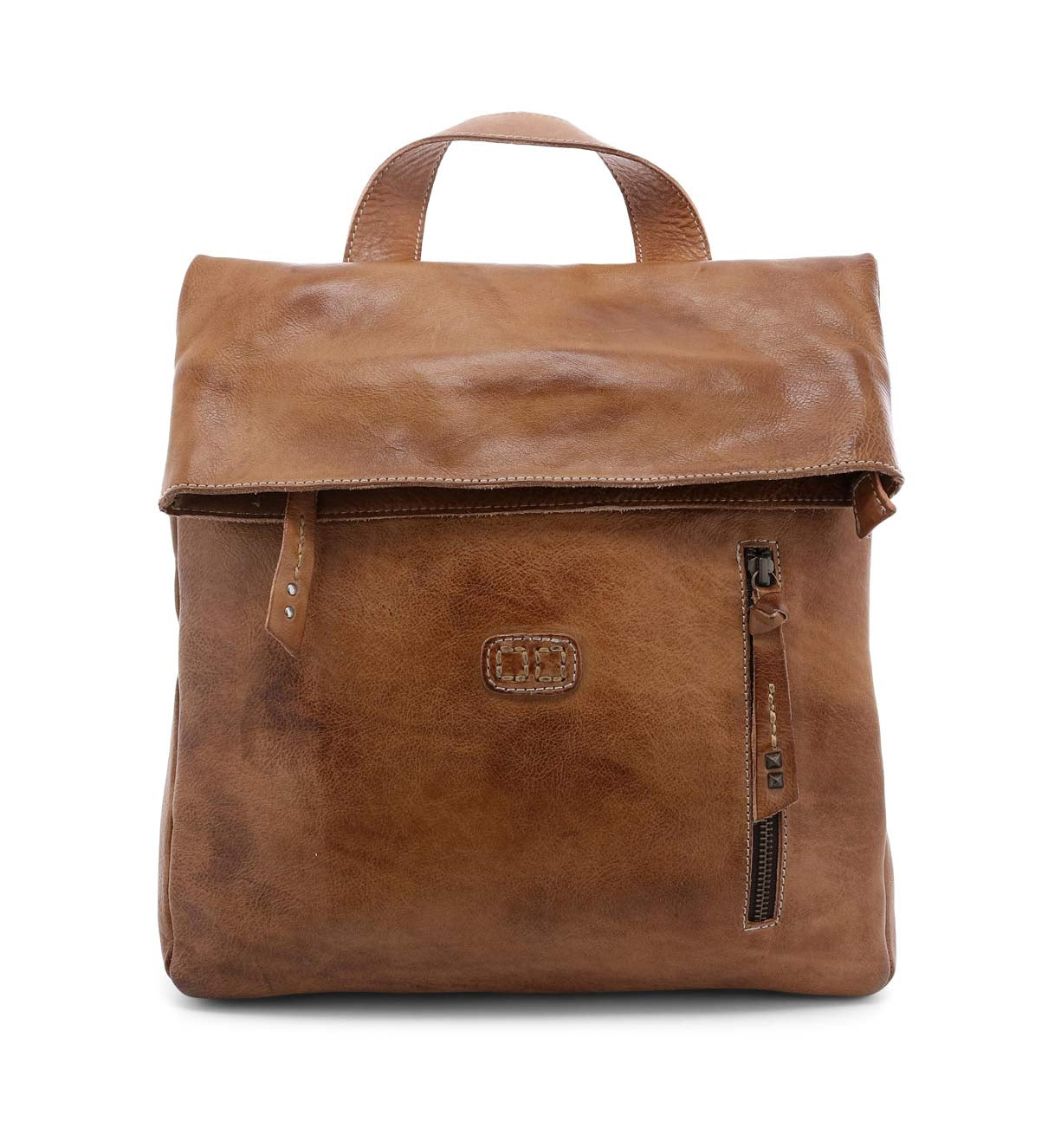 A brown leather Howie backpack with a zippered closure by Bed Stu.