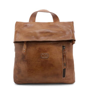 A brown leather Howie backpack with a zippered closure by Bed Stu.