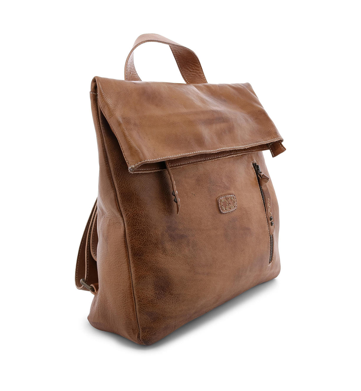A tan Howie leather backpack by Bed Stu on a white background.