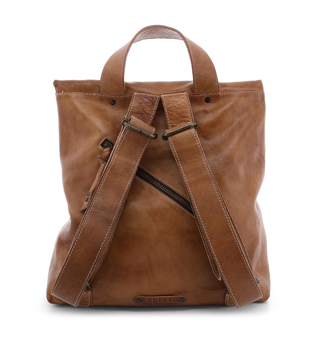 A tan Howie leather backpack with two straps by Bed Stu.