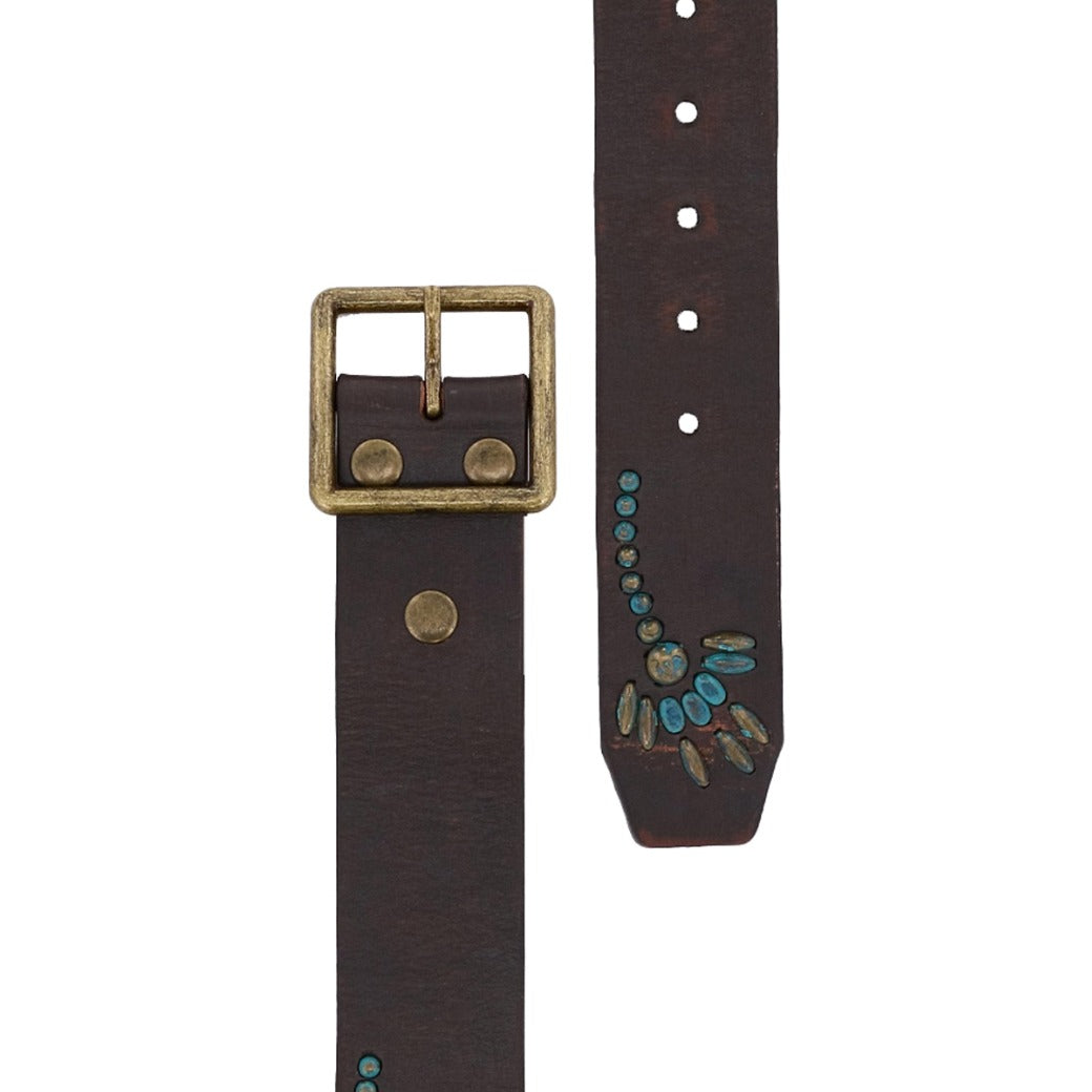 A brown leather Hudson belt with turquoise adornments from Bed Stu.
