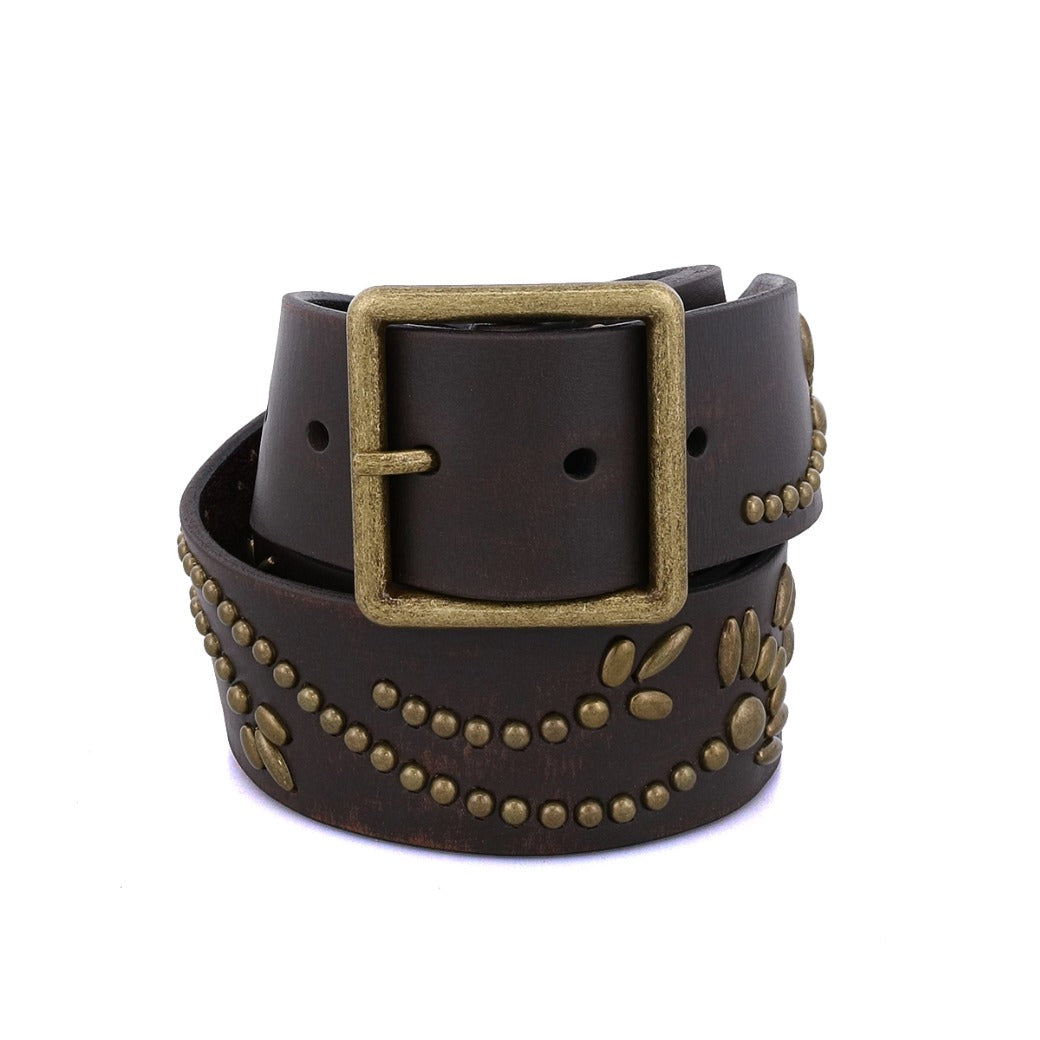 A brown leather Hudson belt with gold studs from Bed Stu.