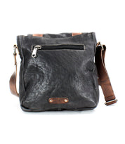 Introducing Hue by Bed Stu: a stylish black leather crossbody messenger bag featuring a front zipper pocket, brown adjustable strap, and metal hardware, designed for both men and women.