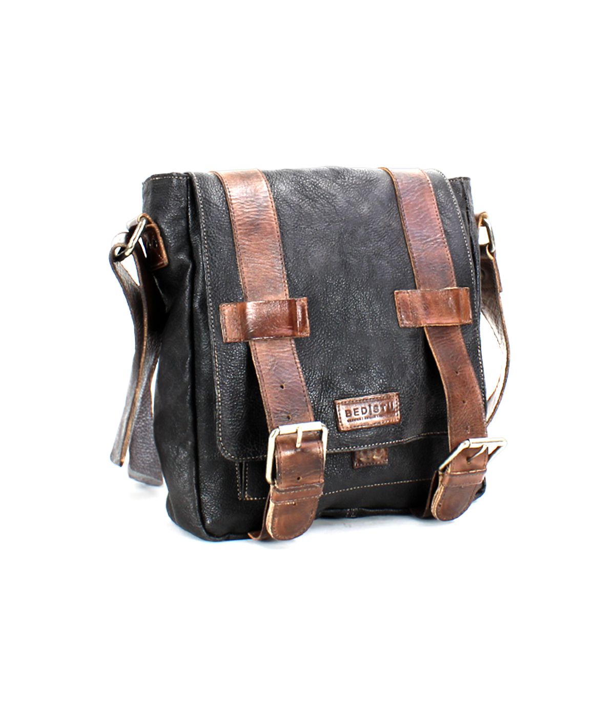 Presenting the Hue by Bed Stu, a versatile black leather satchel standing against a plain white background, distinguished by its brown straps and brass buckles. It also features an adjustable strap for added convenience.