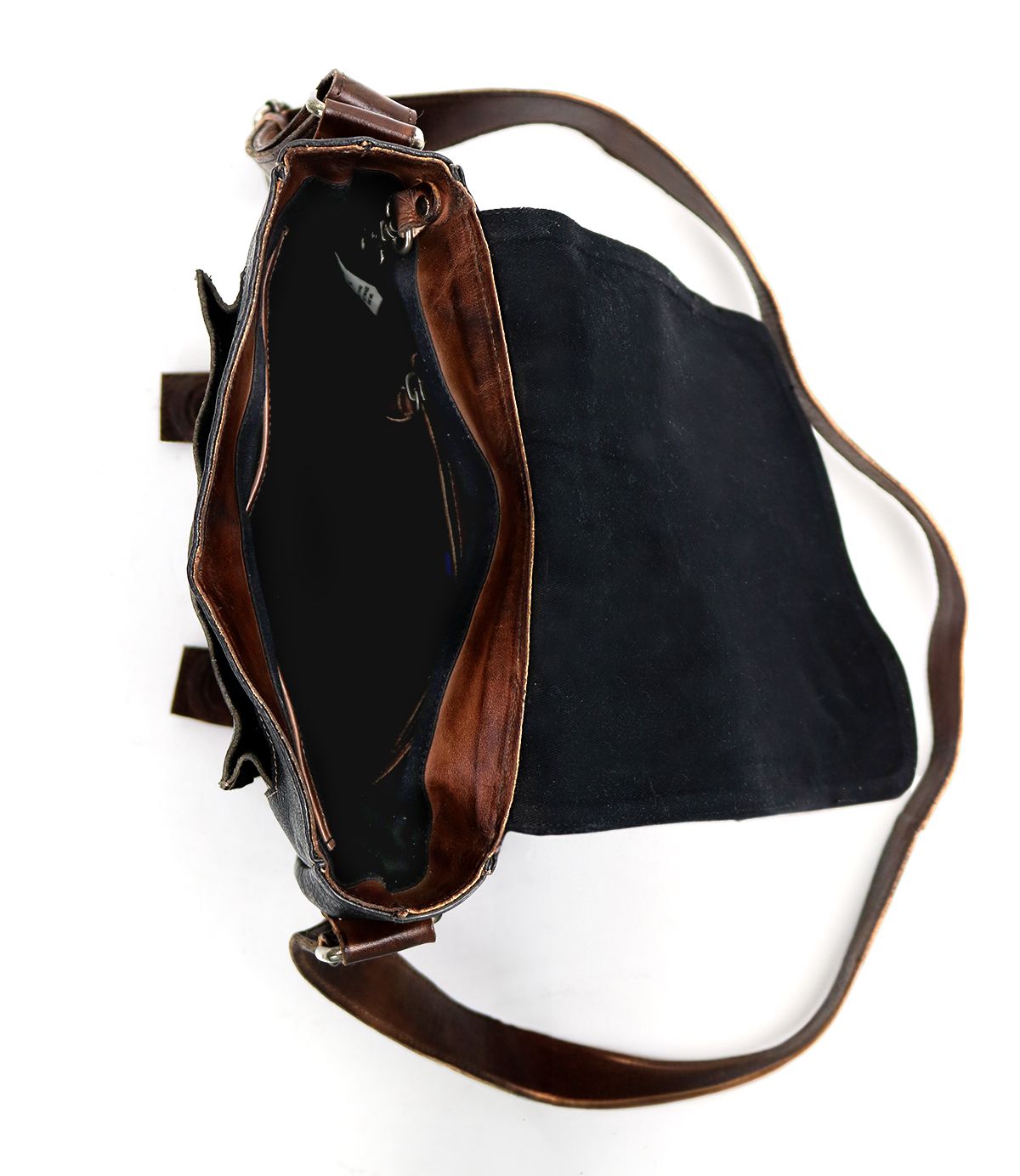 Top view of an open black and brown leather Hue messenger bag by Bed Stu, featuring an adjustable long strap, with a clear display of its interior compartments and hardware. Ideal for use by any gender.