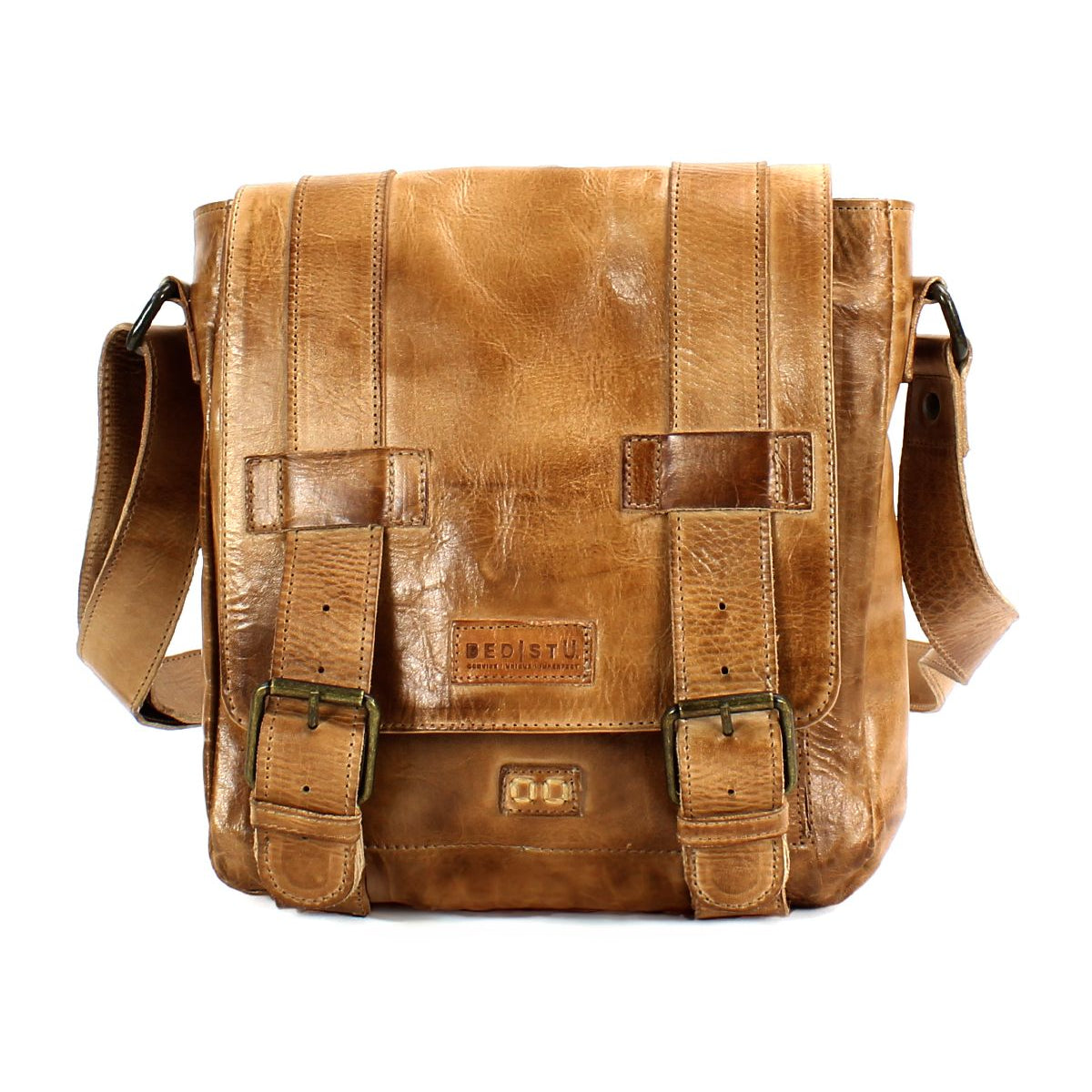 The Hue by Bed Stu is a versatile brown leather messenger bag featuring two front buckles and an adjustable shoulder strap, making it perfect for dual-gender use.