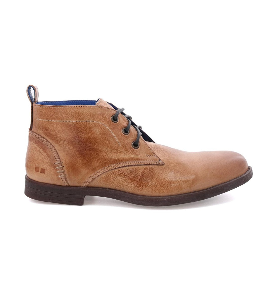 The Illiad by Bed|Stü is a light brown leather chukka ankle boot featuring black laces, a dark comfortable outsole, and blue interior lining, shown in a left side profile view.
