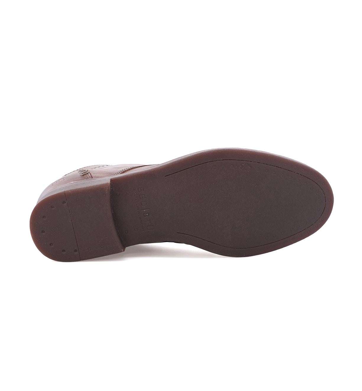 Bottom view of a leather Illiad chukka boot showing the cushioned insole with Bed Stu brand name embossed.