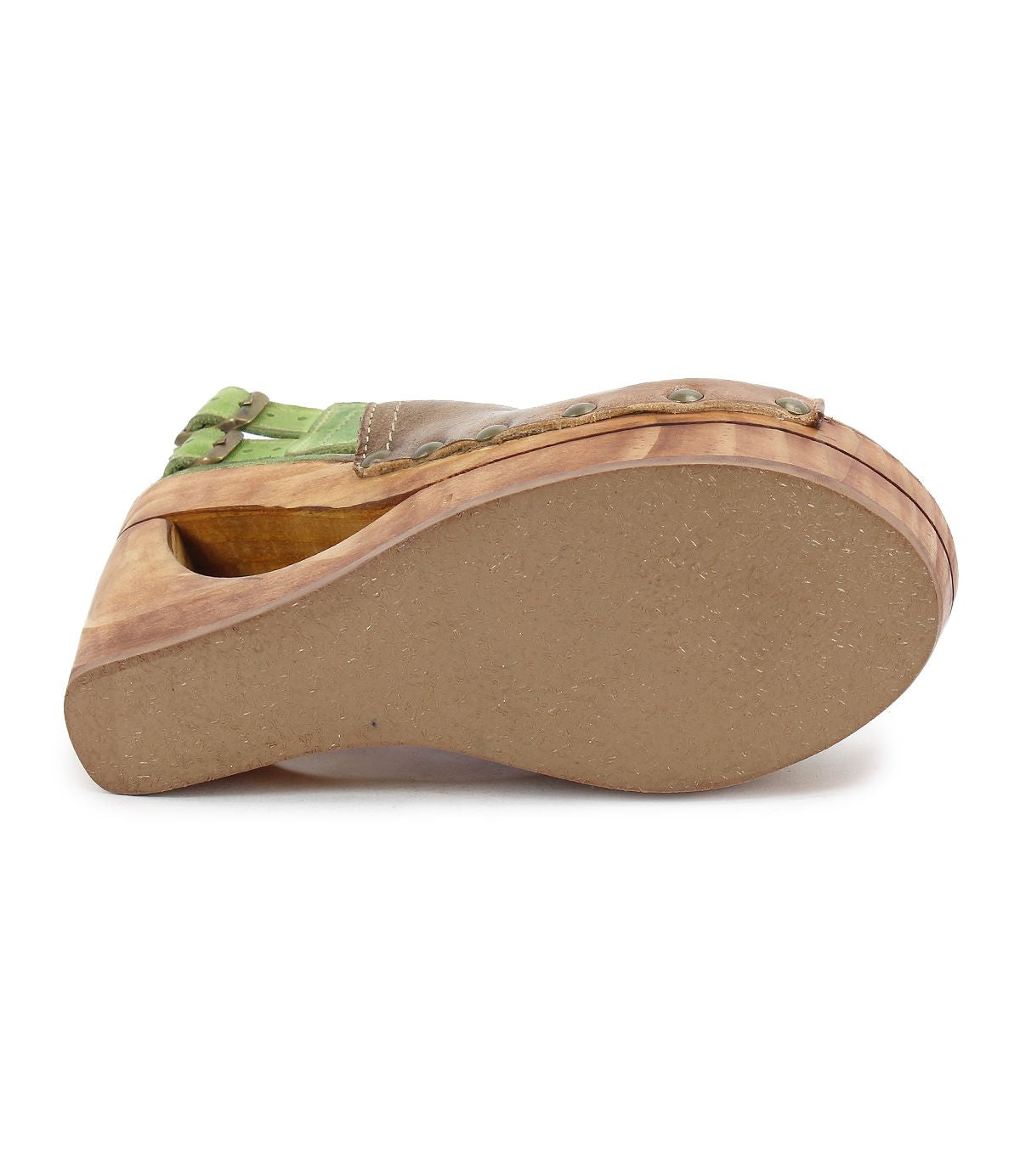 The image showcases the Imelda sandal by Bed Stu, featuring a wooden platform sole with a green strap and buckle. It has a unique cutout that adds flair to its stylish open-toe design.