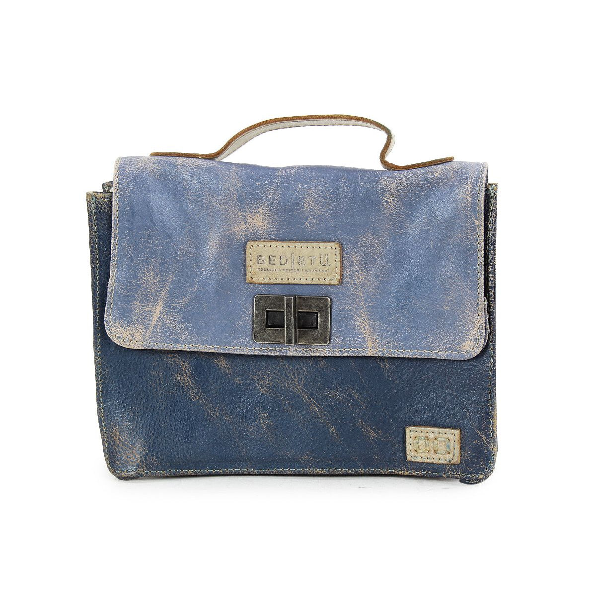 The Improv by Bed Stu is a distressed blue leather mini purse featuring a flap closure with a metal clasp. This stylish bag includes a small handle on top, showcases a patchy design, and comes with an optional crossbody strap for added fashion and functionality.