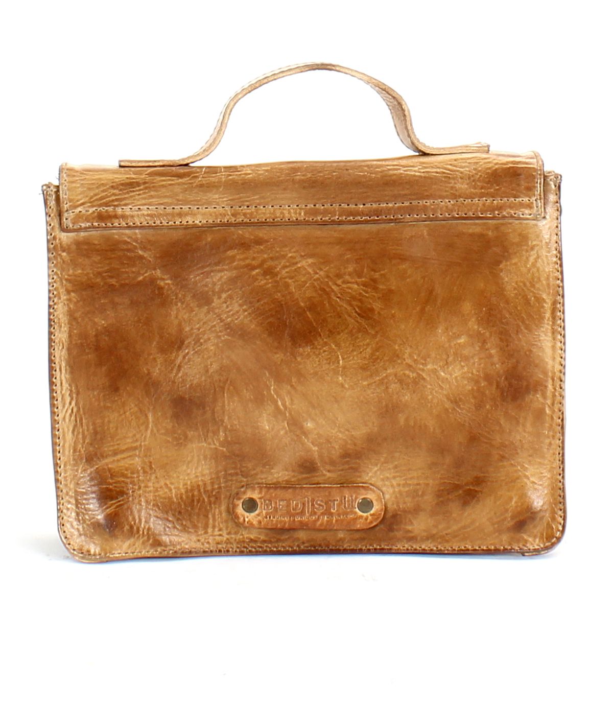 The Improv by Bed Stu is a brown leather handbag with a top handle and a textured surface. It boasts a rectangular shape that combines fashion and functionality, featuring an embossed logo on the bottom front. The bag also includes a detachable crossbody strap for versatile carrying options.