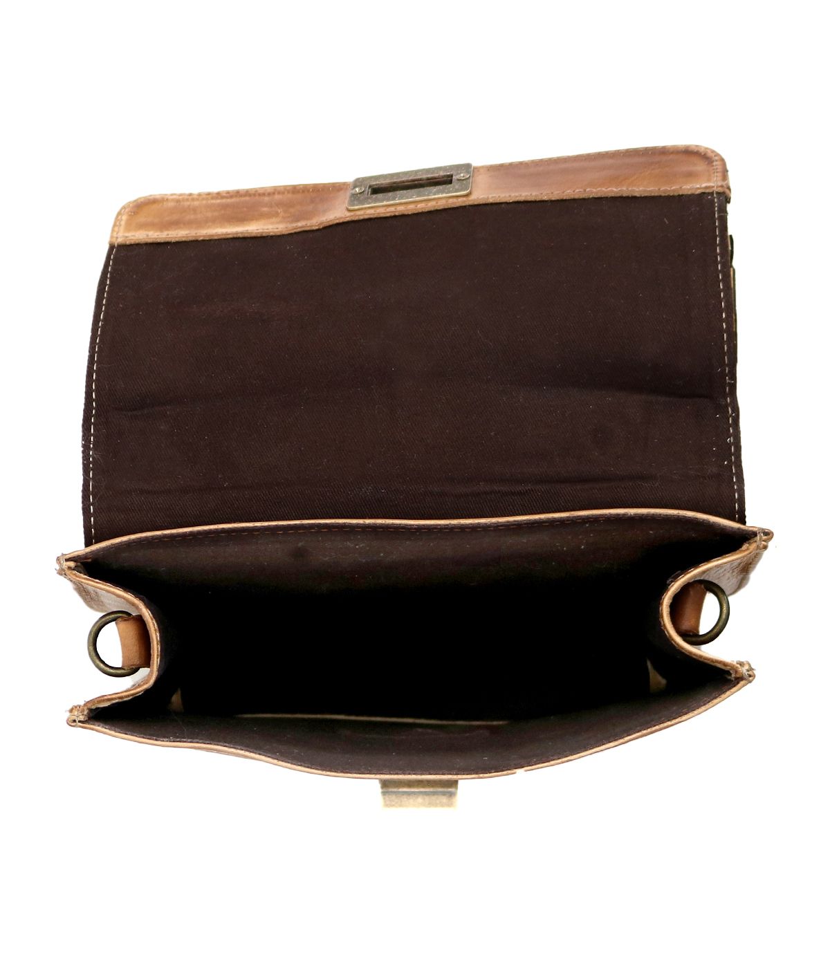 An open Improv briefcase by Bed Stu reveals its empty interior and multiple compartments, embodying fashion and functionality with its rich brown leather.