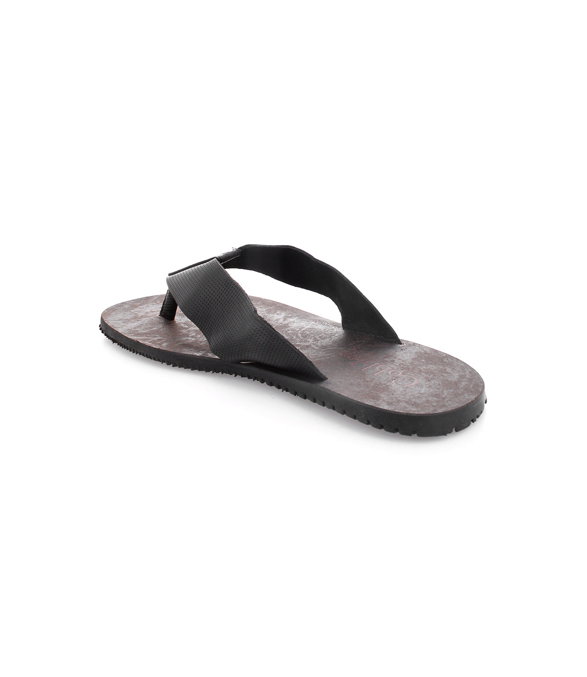 A pair of comfortable Bed Stu black leather flip flops on a white background.